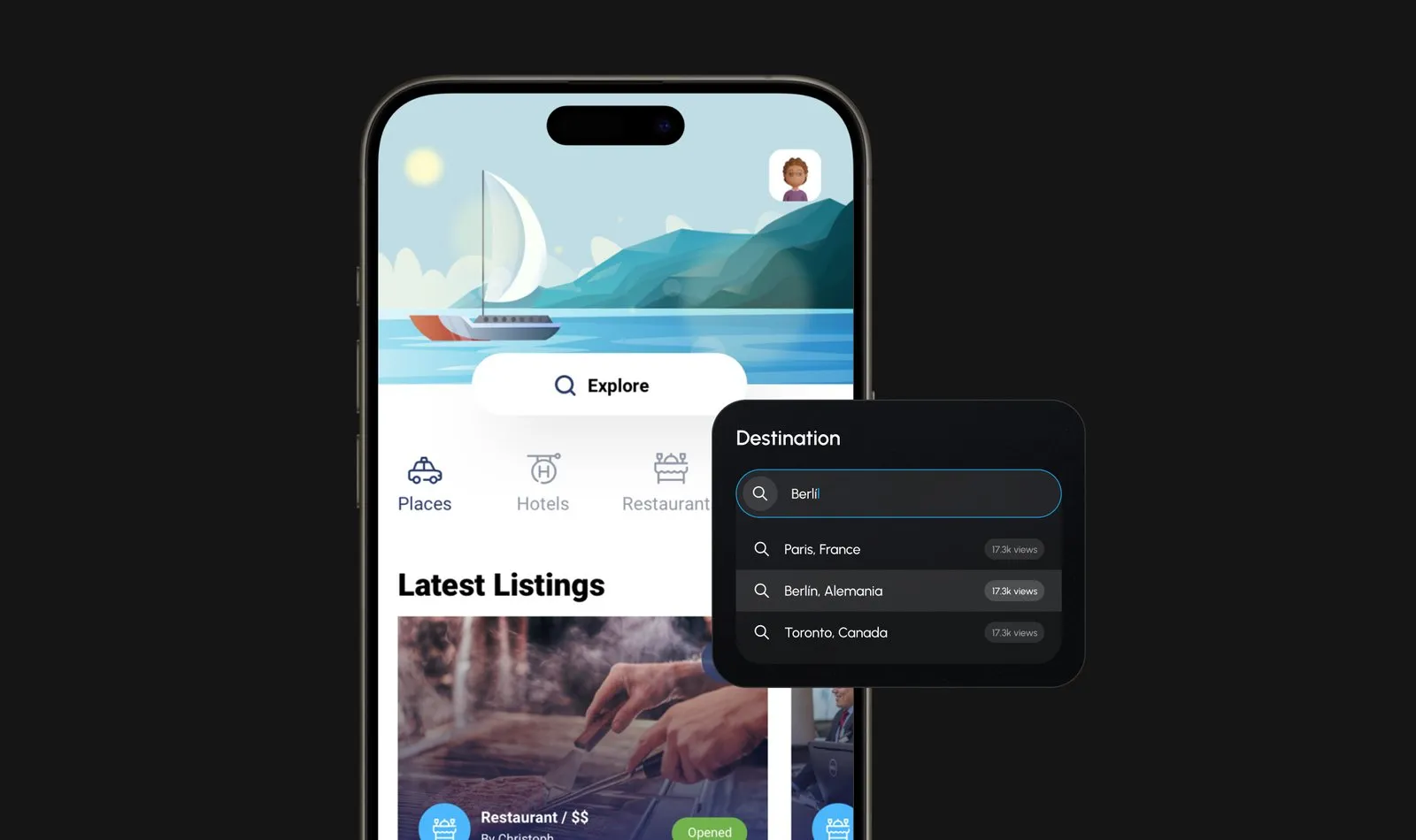 Travel booking app, screen 1 of 4