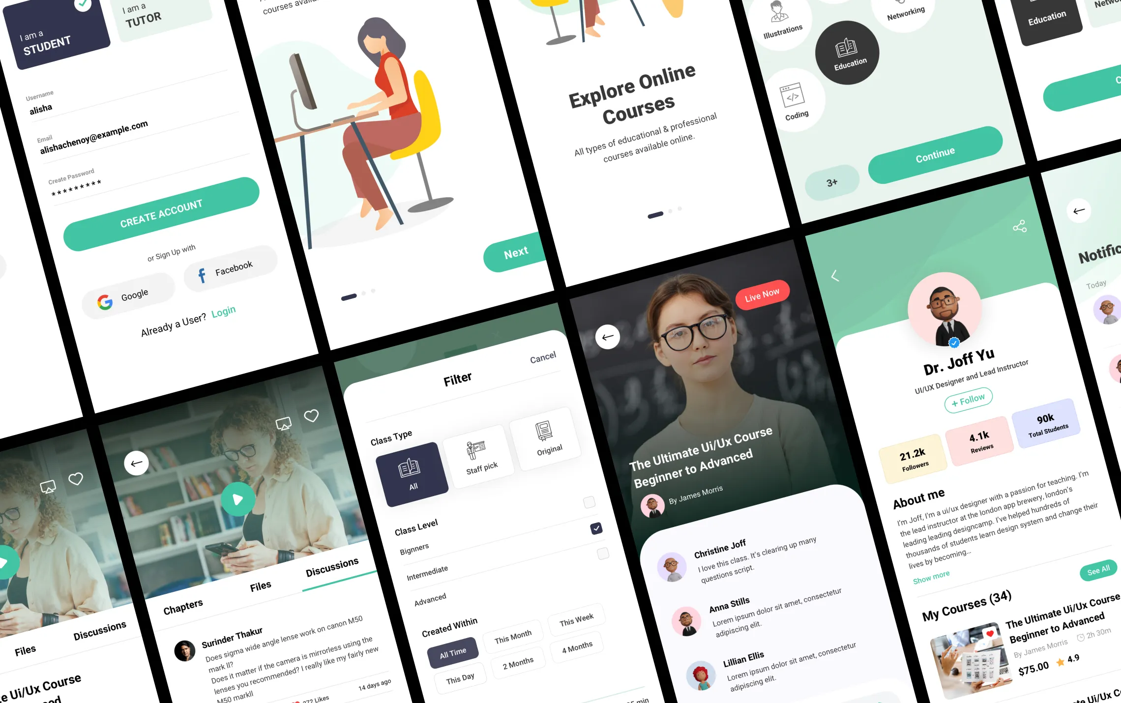 A spread of Purpose app screens: sign up, onboarding, course list, filters and instructor profile