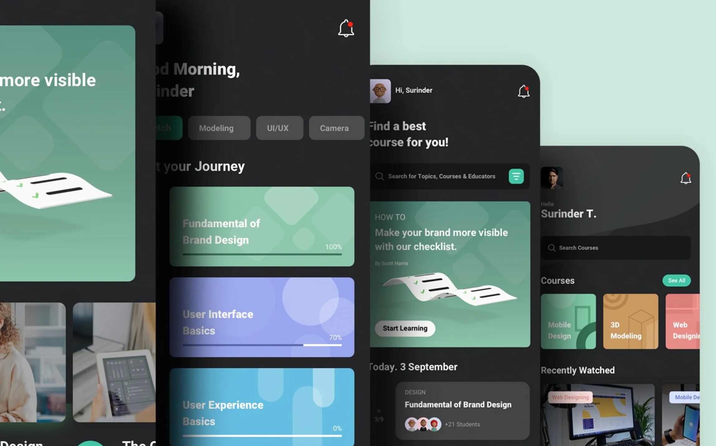 Purpose dark mode screens: home feed, course cards and recently watched