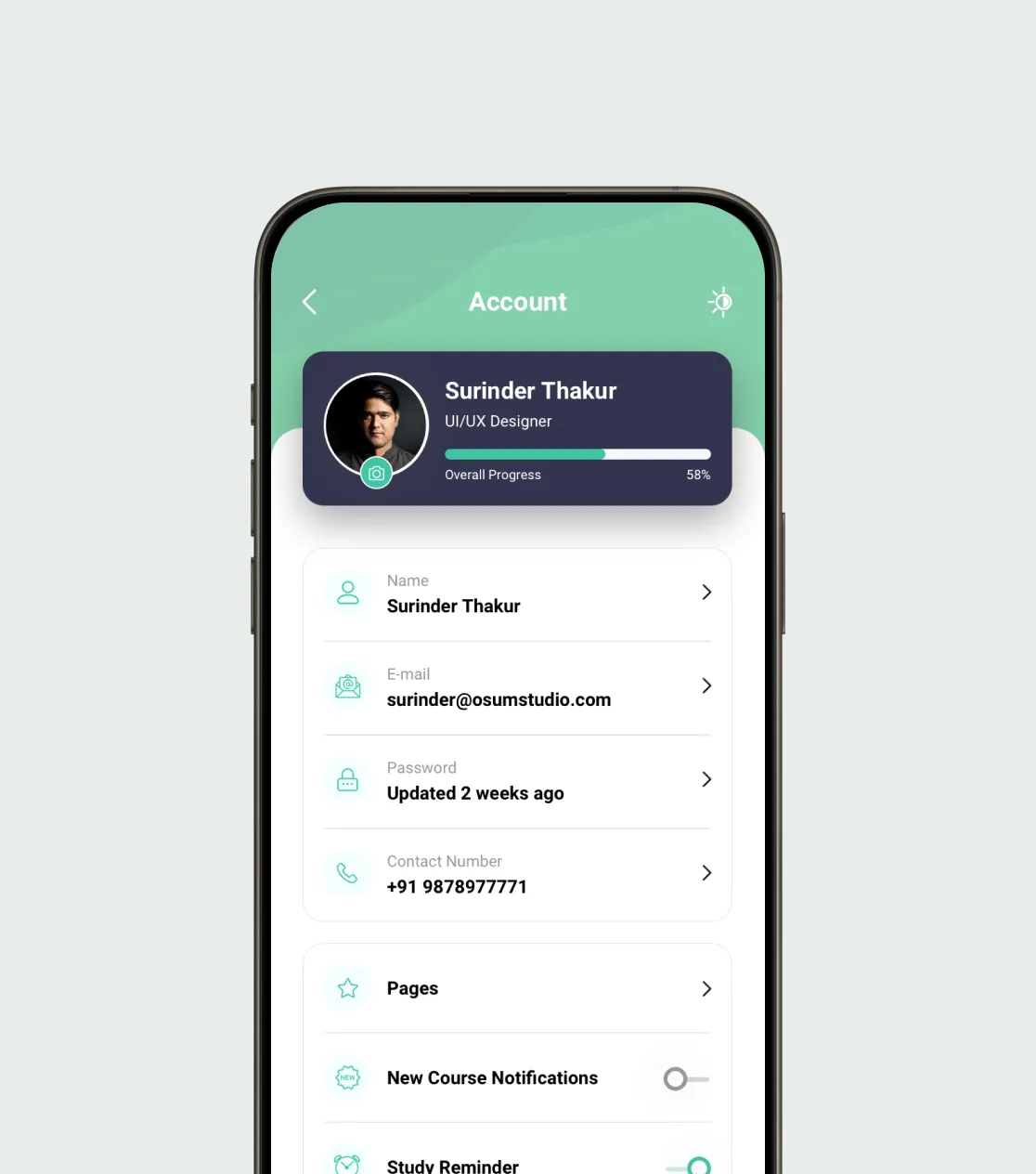 Purpose account screen on a phone: profile, progress and notification settings