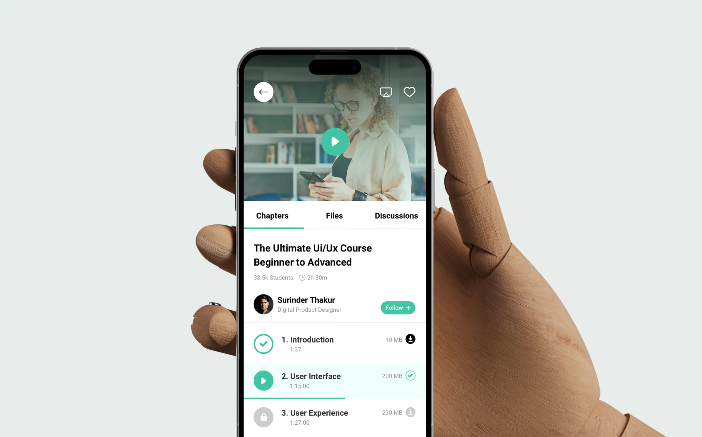 Purpose course screen on a phone: video lesson with chapters and progress