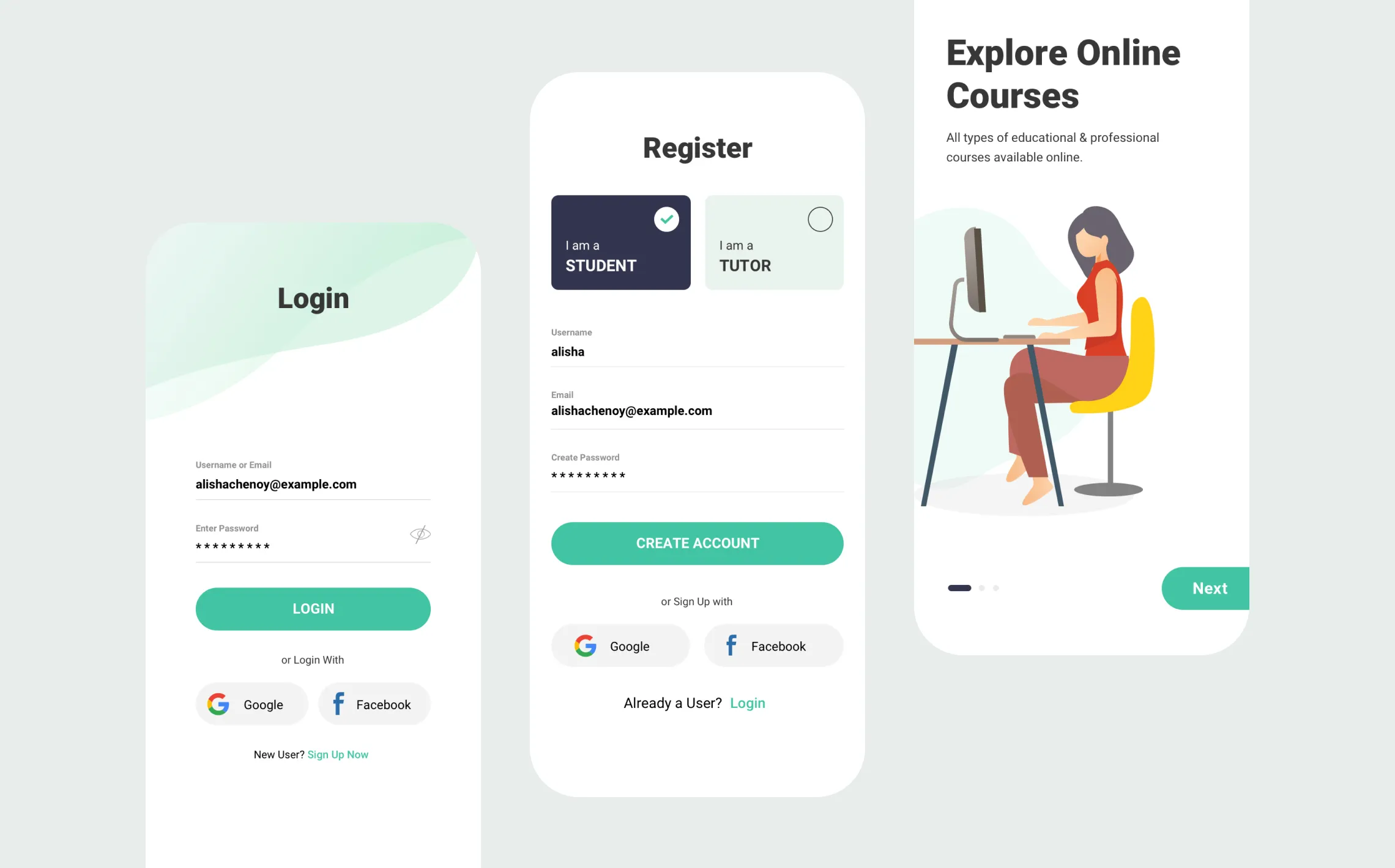 Purpose login, register as student or tutor, and onboarding screens