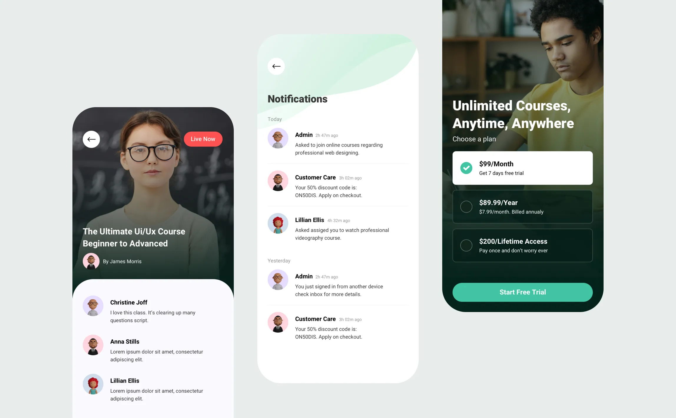 Purpose live course, notifications and membership plan screens