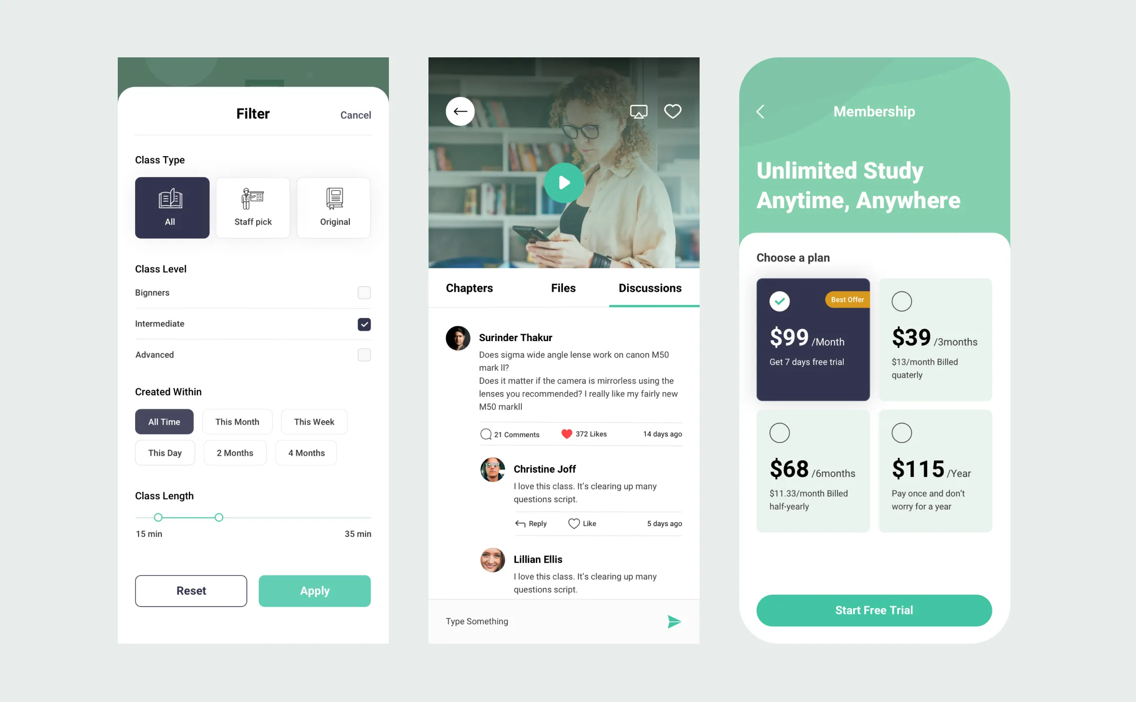 Purpose course filters, lesson discussion and membership plans