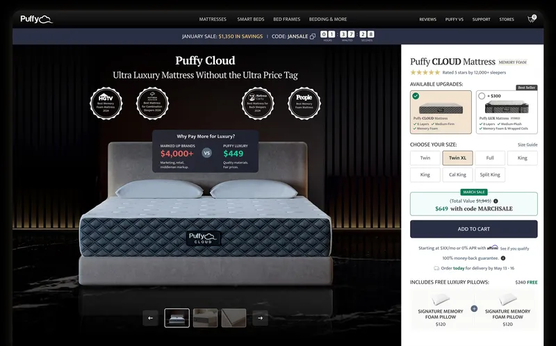 Puffy product page, after