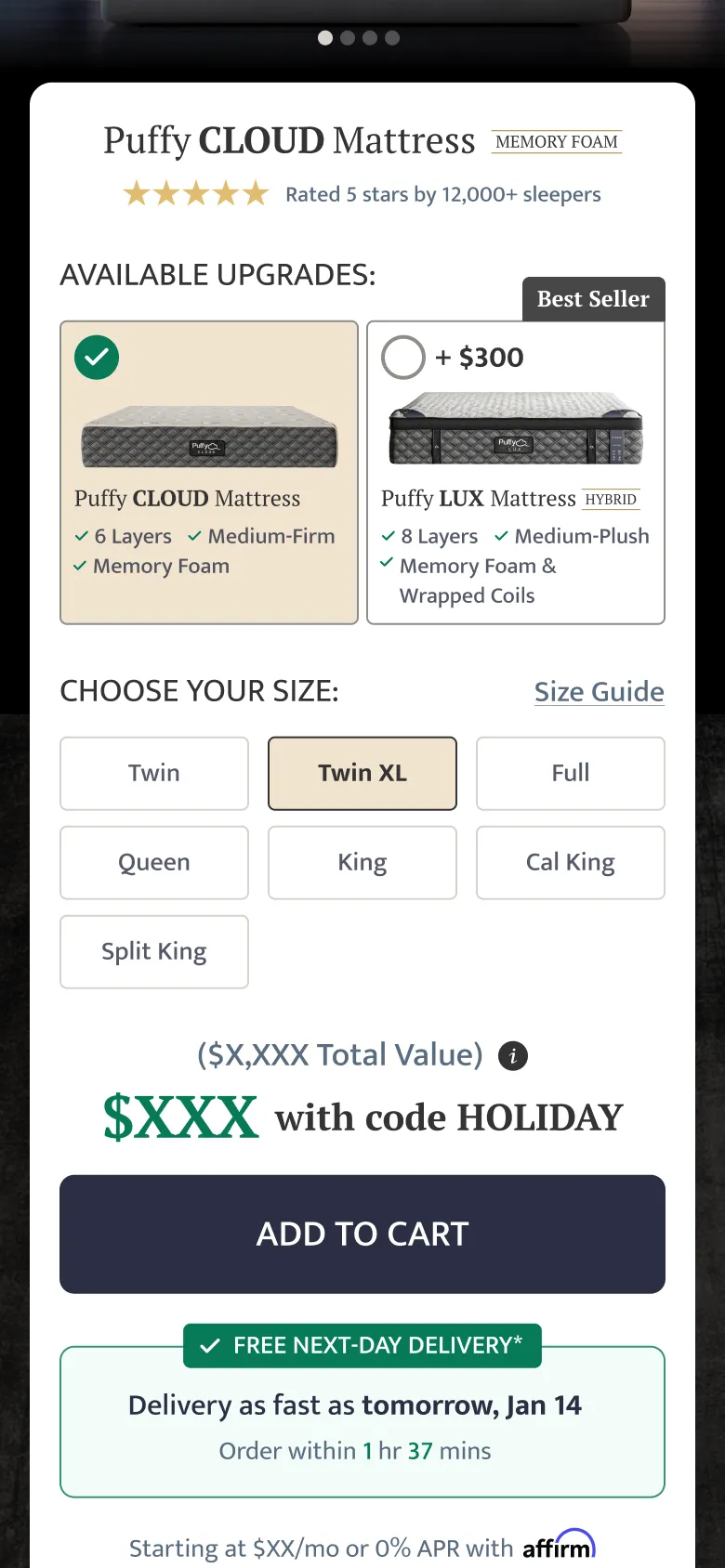Puffy mobile Add to cart with the free next-day delivery date under the button, my design