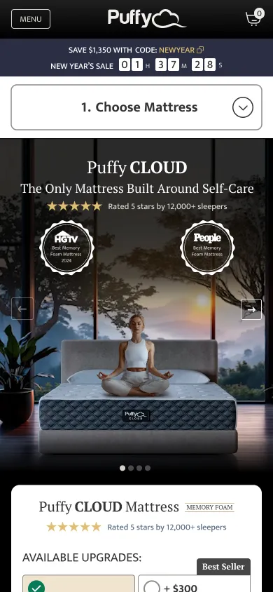 Puffy mobile first screen: a 3-step guide starting with Choose Mattress, awards and rating above the product, my design