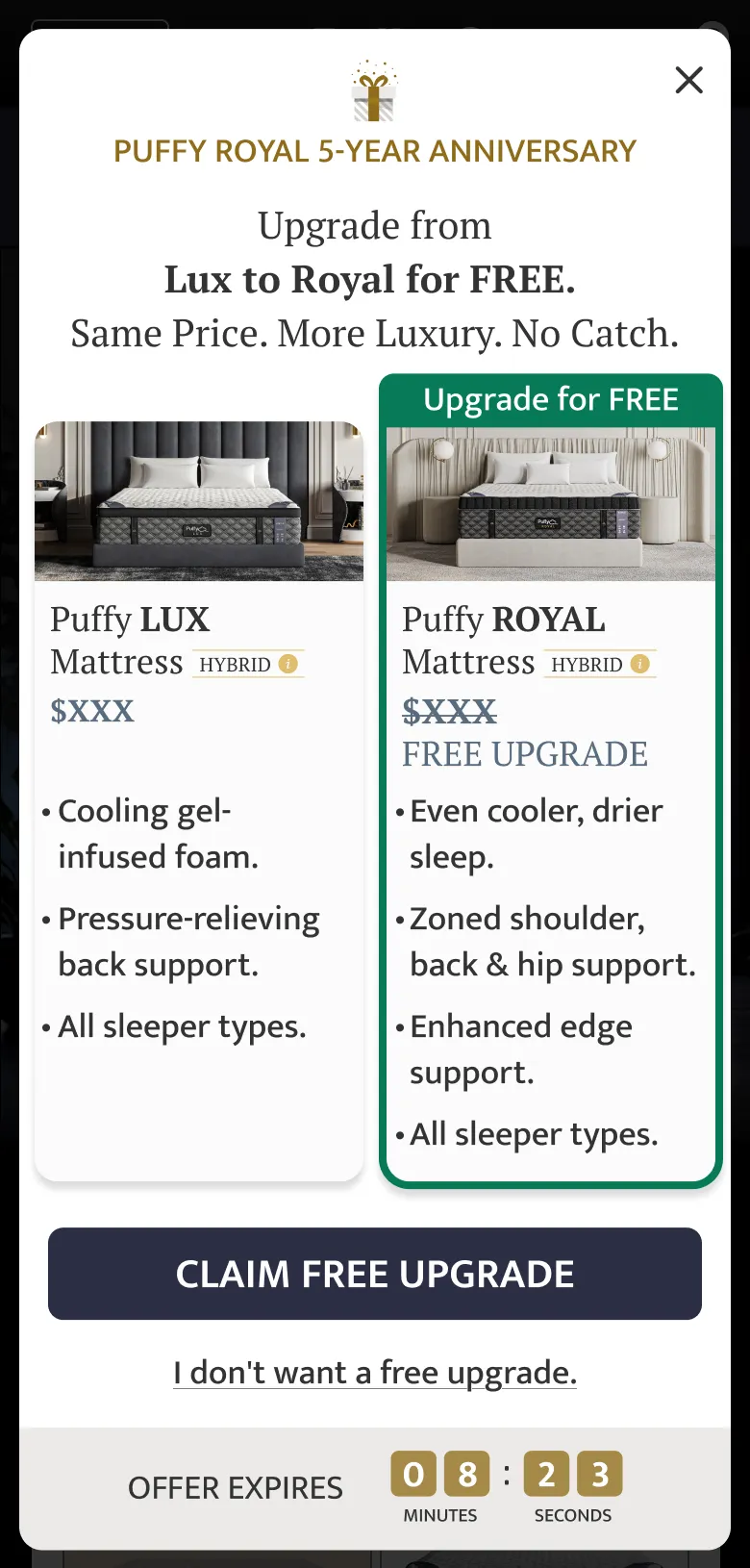 Puffy mobile free upgrade offer with a plain decline link, my design