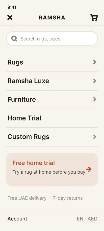 Ramsha Home menu on a phone, my design