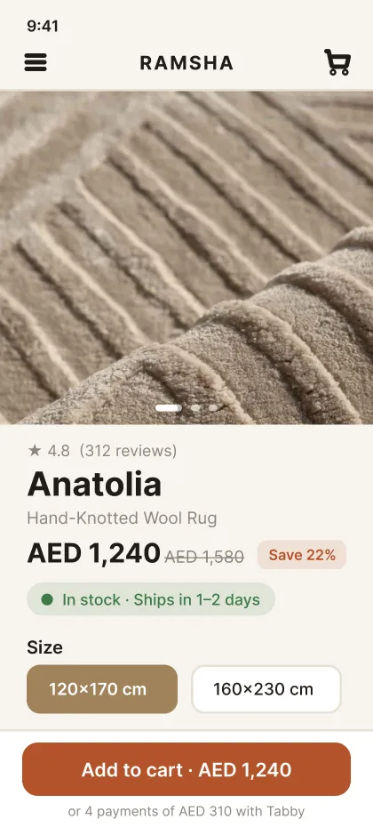 Ramsha Home product page on a phone, my design