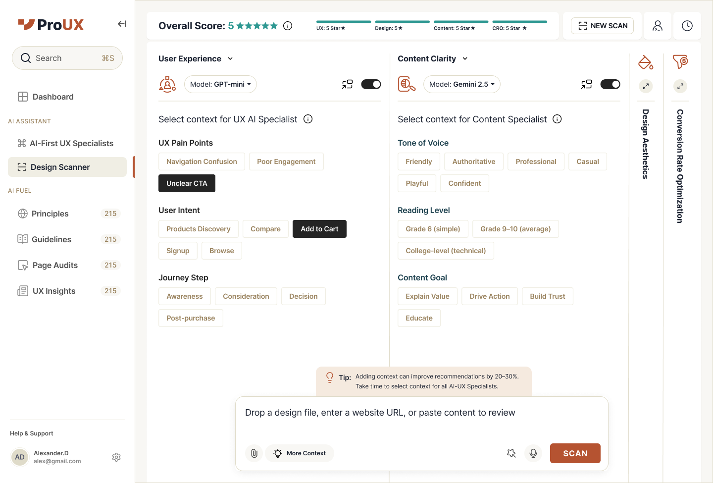 ProUX version 1: pick a UX specialist, a model and context chips, then compare the answers side by side